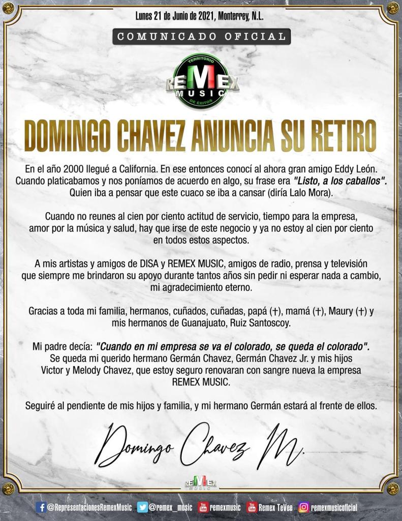 Domingo Chávez de Remex Music anuncia su retiro | radioNOTAS
