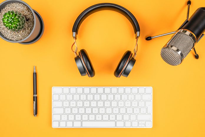 Podcasting And Podcast Recording Concept, Top View Of Microphone