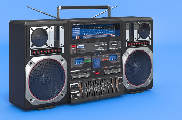 Boombox Closeup On Blue Background, 3d Rendering