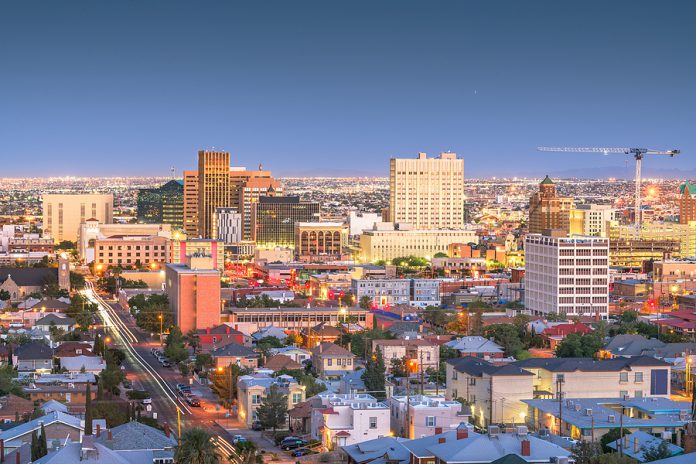 El Paso, Texas, USA downtown city skyline at dusk with Juarez,