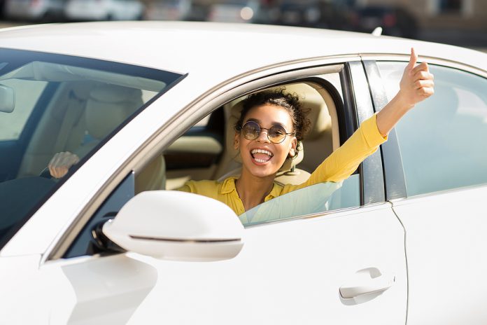 Get Driving License. Happy Woman Showing Thumb Up Gesture, Drivi