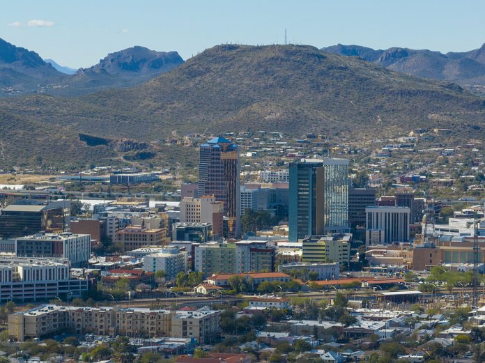 Tucson Downtown Modern Skyscrapers Aerial View With Tucson Mount