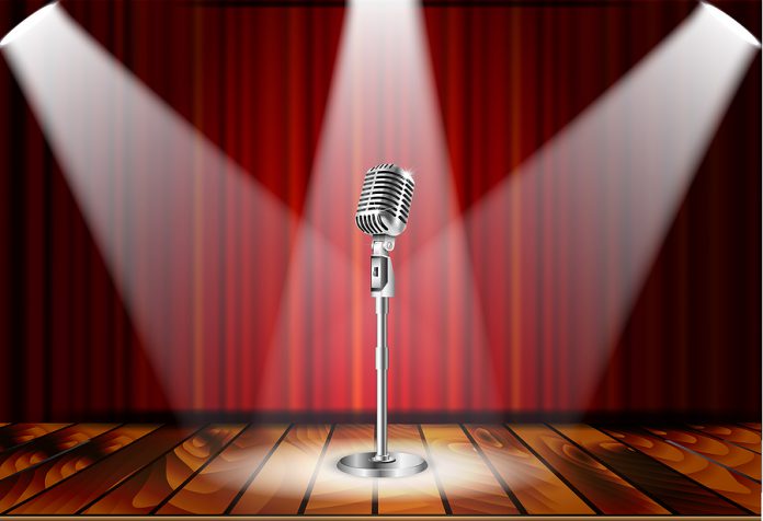 Microphone and red curtain