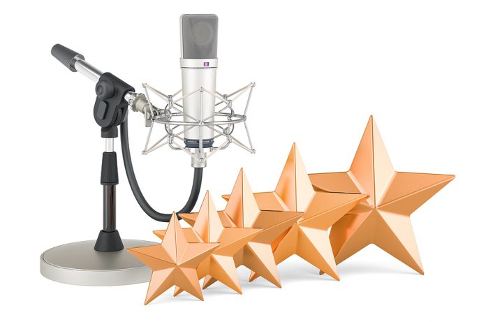Studio Microphone With Five Golden Stars. 3d Rendering Isolated