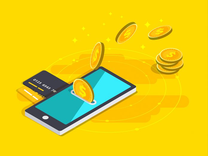 Money Transfer Via Cellphone In Isometric Vector Design. Digital