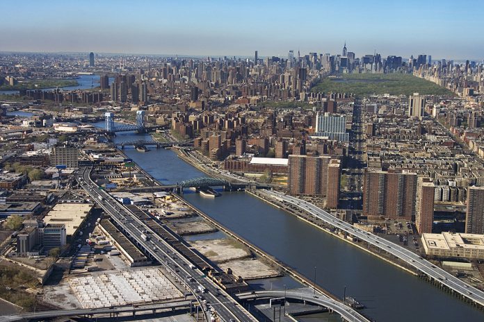 Aerial view of Harlem River and bridges with the Bronx and Manha