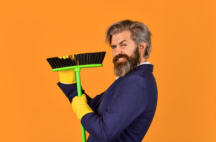 Clean Service People. Mature Male Worker With Broom Cleaning. Ma