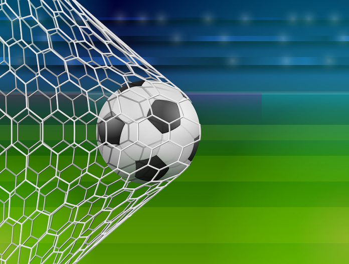 Soccer Ball In Goal Net, Side View. Goal Moment Of Football Matc