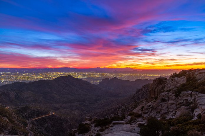 Tucson Arizona As Seen From Above With The Colors Of Sunset In T