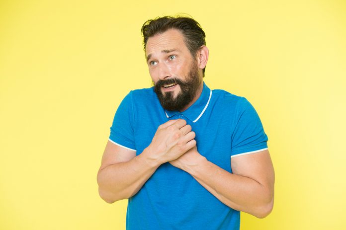 Feel So Sorry. Man Bearded Regretful Face, Yellow Background. Gu