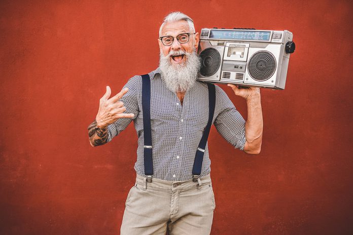 Senior Crazy Man With Boombox Stereo Playing Rock Music - Trendy