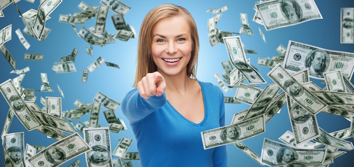business, money, finance, people and gesture concept - smiling w