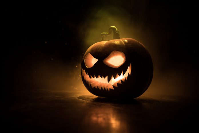 Halloween Pumpkin Smile And Scary Eyes For Party Night. Close Up